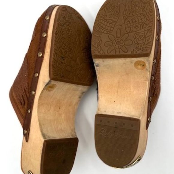 Lucky Brand Brown Suede Leather Peace Sign Wooden Clogs - Picture 6 of 7